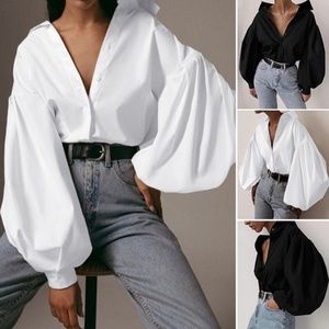 ZANZEA Fashion Women Puff Sleeve Turn Down Collar